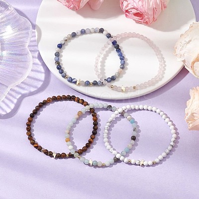4mm Round Mixed Gemstone & Lightning Bolt Brass Beaded Stretch Bracelets BJEW-JB10856-1