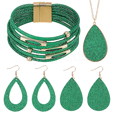Imitation Leather Teardrop Pendant Necklace & Dangle Earrings & Multi-Strand Bracelet SJEW-UN0001-18B-1