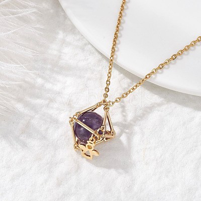Brass Macrame Pouch Natural Amethyst Inside & 304 Stainless Steel Pendant Necklaces for Women NJEW-JN05607-03-1