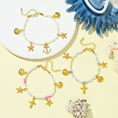 Starfish & Cross & Shell Alloy Charm Bracelet BJEW-FS00015-1