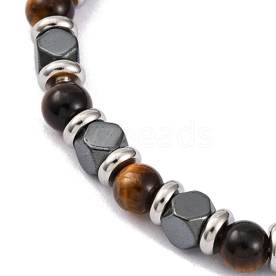 Natural Tiger Eye & Magnetic Synthetic Hematite Round Beaded Bracelet X-BJEW-P339-02P-03-1
