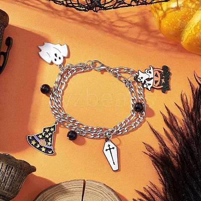 3Pcs 3 Styles Halloween Theme 304 Stainless Steel Figaro Chains Multi-strand Bracelets BJEW-JB12094-1