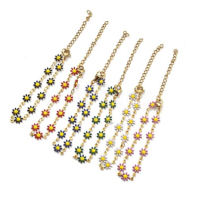 Ion Plating(IP) Golden 304 Stainless Steel Flower Link Chain Bracelets with Enamel BJEW-E088-02G-1