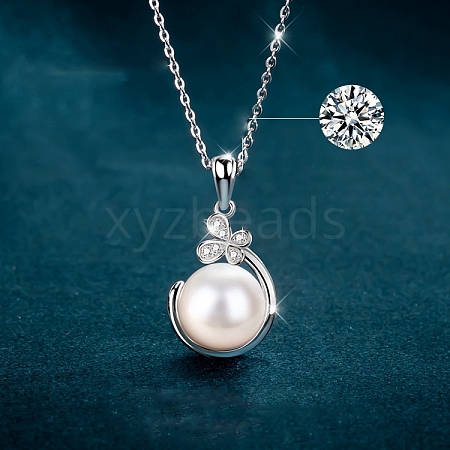 925 Sterling Silver Micro Pave Clear Cubic Zirconia with Natural Freshwater Pearl Pendant Necklace WGB08A2-02-1