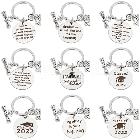   9Pcs 9 Style Graduation Theme 201 Stainless Steel Keychain Clasps KEYC-PH0001-52-1