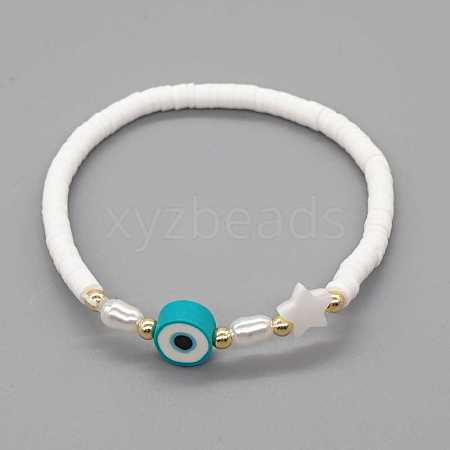 Shell Pearl & Star & Evil Eye Beaded Stretch Bracelet BJEW-BB727272796-C-1