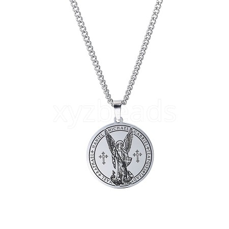 Non-Tarnish Retro Stainless Steel Archangel Michael Necklace Unisex Round Pendant Necklace SC0109-2-1