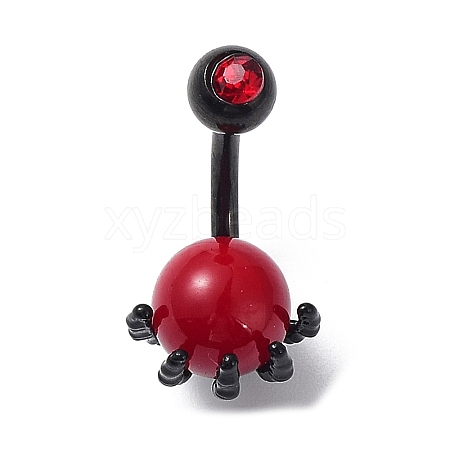 Red PVC Round Beaded Claw Dangle Belly Ring with Rhinestone AJEW-D053-02EB-1