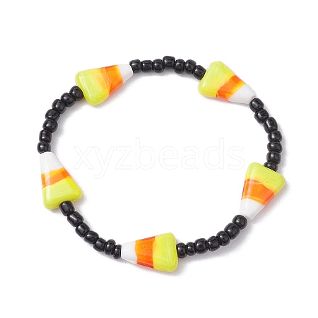 Handmade Lampwork Halloween Candy Corn & Black Seed Beaded Stretch Bracelets for Women Men BJEW-JB10459-1