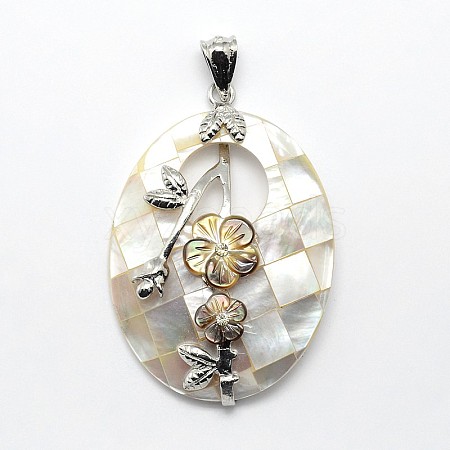 Brass White Shell Oval with Flower Pendants SSHEL-F0006-48A-01-1