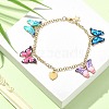 Enamel Butterfly & Alloy Heart Charm Bracelet with Ion Plating(IP) 304 Stainless Steel Chains BJEW-JB09558-4