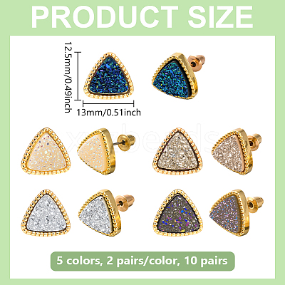 10 Pairs 5 Colors Sparkling Triangle Alloy Resin Stud Earrings EJEW-HY0001-27-1