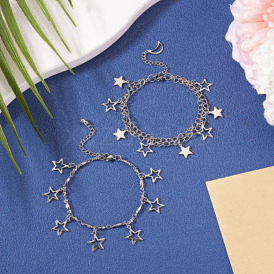 2Pcs 304 Stainless Steel Star Charm Bracelets BJEW-TADJ00003-1