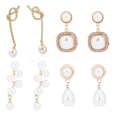 4 Pairs 4 Style Exquisite Plastic Imitation Pearl Beaded Dangle Stud Earrings EJEW-AN0002-09-1