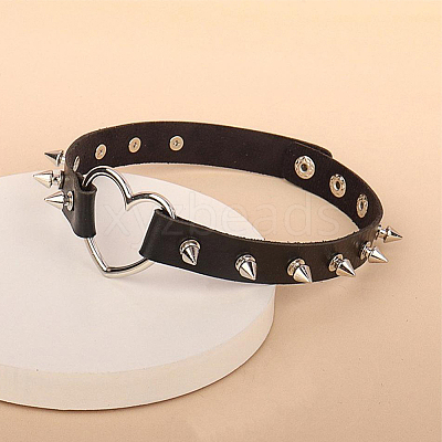 2Pcs Adjustable Gothic PU Leather Alloy Heart Spike Rivet Heart Choker Necklaces for Women NJEW-CL0001-17A-1
