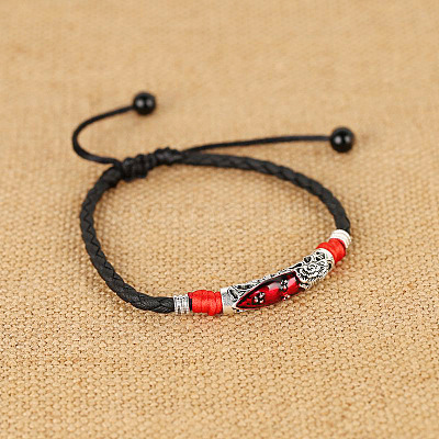 Alloy Red Enamel Tube Bead & Braided Imitation Leather Cord Adjustable Anklets for Men FS-WG1282E-03-1