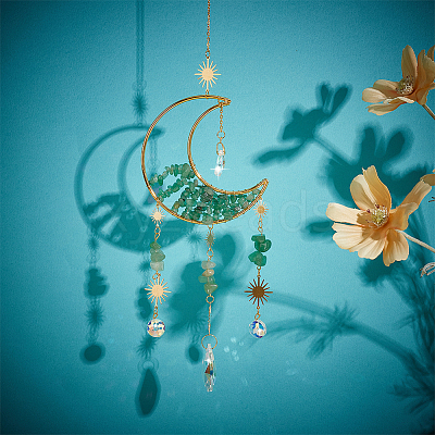 1Pc Alloy & Natural Gemstone Chips Moon Hanging Ornaments HJEW-BBC0001-17B-1