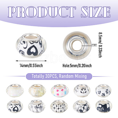 30Pcs Printed Transparent Resin European Beads RESI-TADJ0001-03D-1