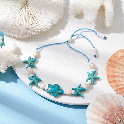 Turtle & Starfish Dyed Synthetic Turquoise Slider Bracelets BJEW-JB10279-02-1