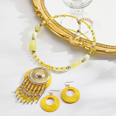 Bohemian Ethnic Style Alloy & Acrylic & Natural Shell Flat Round Tassel Pendant Necklaces & Dangle Earrings Sets FS-WGE5C82-06-1