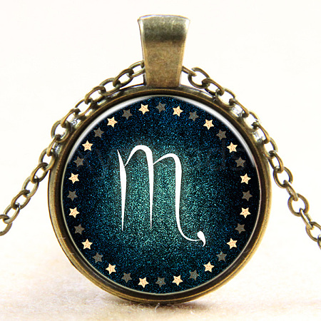 Scorpio Constellation/Zodiac Sign Flat Round Glass Pendant Necklaces NJEW-N0051-022H-01-1
