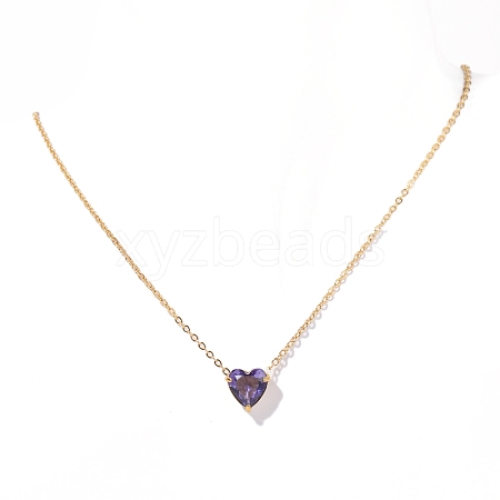 Stainless Steel Pave Cubic Zirconia Heart Pendant Cable Chain Necklaces for Women PW-WG05D07-06-1