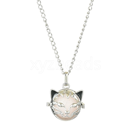 Natural Rose Quartz Cat Head Pendant Necklaces NJEW-JN04995-1