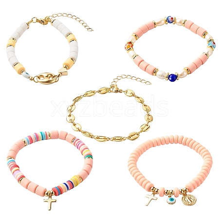 5Pcs 5 Style Handmade Polymer Clay Stretch & Brass Beaded & Alloy Link Chain Bracelets Set BJEW-SZ0001-66A-1