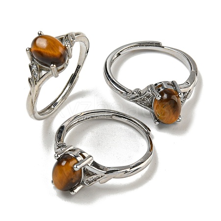 Oval Natural Tiger Eye Adjustable Rings RJEW-Q818-01P-10A-1