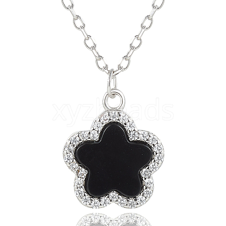 S925 Silver Black Agate Flower Pendant Necklaces FY9734-3-1
