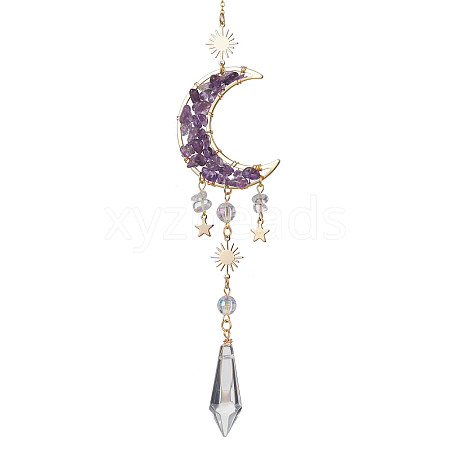 Natural Amethyst & Quartz Crystal Chip Pendant Decorations with Brass Moon & Cable Chain HJEW-JM01645-1