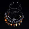 3Pcs 3 Styles Bohemian Style Natural Black Onxy & Lava Rock & Tiger Eye Round Beaded Braided Bead Bracelet Set for Men FX6135-3