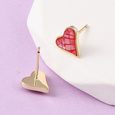 Brass Enamel Heart Stud Earrings EJEW-I322-08G-1