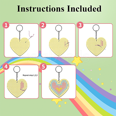 1 Set Wooden Heart Star Keychain Embroidery Beginner Kit DIY-SC0030-07-1