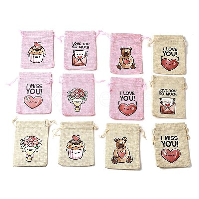 12Pcs 12 Styles Valentine's Day Printed Rectangle Burlap Cloth Packing Pouches ABAG-U006-02A-1