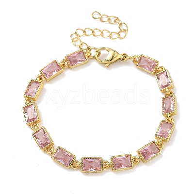 Rectangle Brass Pave Cubic Zirconia Link Chain Bracelets for Women BJEW-P385-05G-03-1