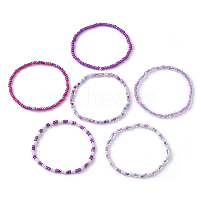 6Pcs Glass Seed & Brass Beaded Stretch Bracelets Set BJEW-JB09538-01-1