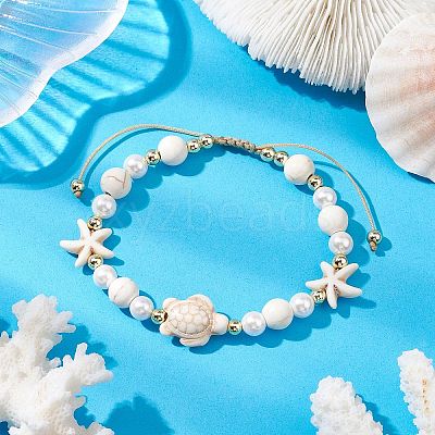 Starfish & Turtle Synthetic Magnesite Braided Bead Bracelets BJEW-JB11047-02-1