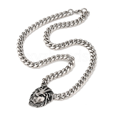 304 Stainless Steel Lion Head Pendant Cuban Link Chain Necklaces NJEW-C099-05AS-1