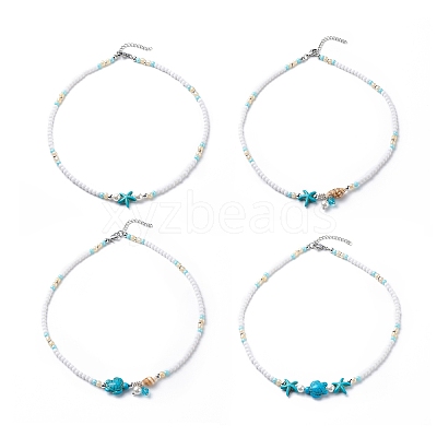 4Pcs 4 Style Natural Pearl & Shell & Dyed Synthetic Turquoise Beaded Necklaces Set NJEW-JN04039-1