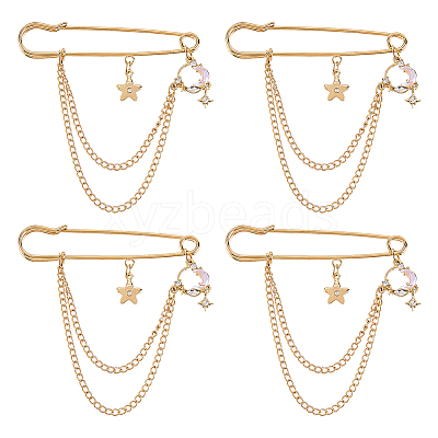 4Pcs Moon & Star Alloy Rhinestone Hanging Chain Brooch JEWB-FG0001-84B-1