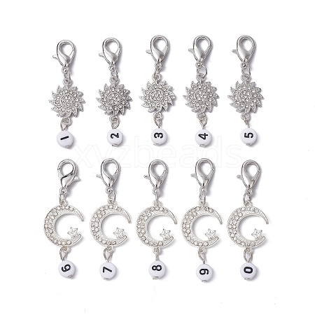 10Pcs 10 Style Moon Sun Alloy Rhinestone Pendant Locking Stitch Markers with Acrylic Number HJEW-JM01482-1