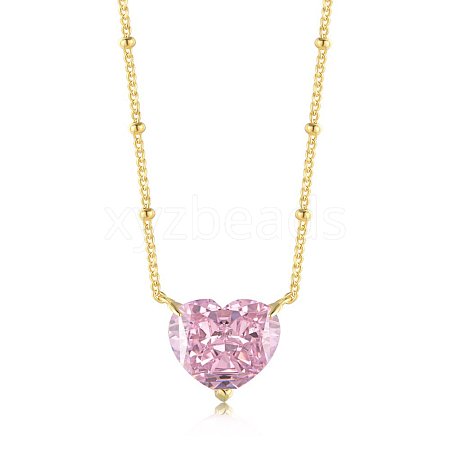 Heart 925 Sterling Silver Pave 8A Pink Cubic Zirconia Pendant Satellite Chain Necklaces for Women NJEW-F330-01G-1