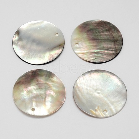 Flat Round Black Lip Shell Pendants SSHEL-M010-03-1