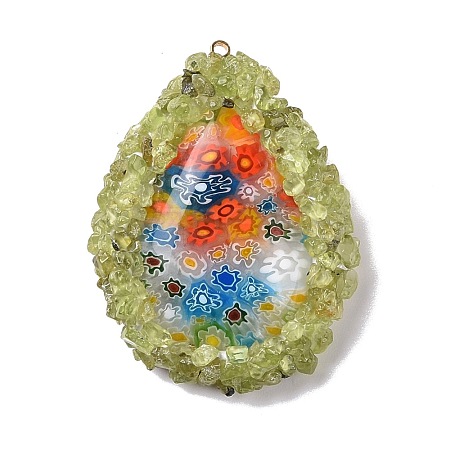 Rack Plating Handmade Millefiori Lampwork & White Shell & Crystal Rhinestones Pendants LAMP-G145-01G-1