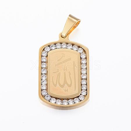 304 Stainless Steel Crystal Rhinestone Rectangle with Allah Pendants STAS-E093-11G-1