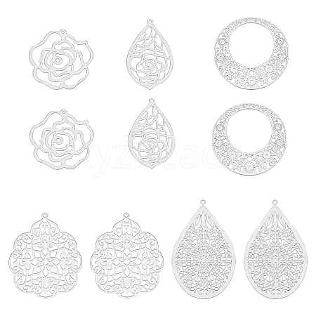 DICOSMETIC 10Pcs 5 Style 304 Stainless Steel Big Filigree Pendants STAS-DC0004-24-1