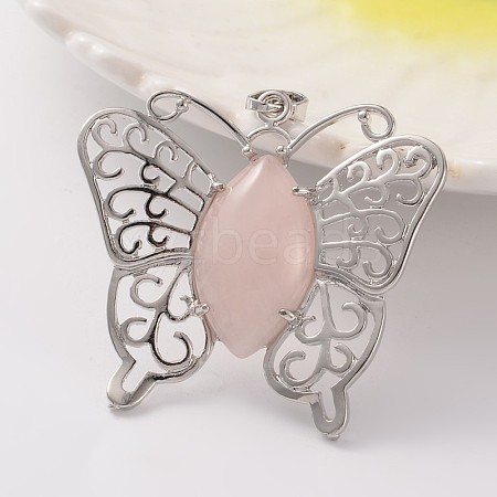 Butterfly Platinum Tone Brass Natural Rose Quartz Pendants G-M288-02-1