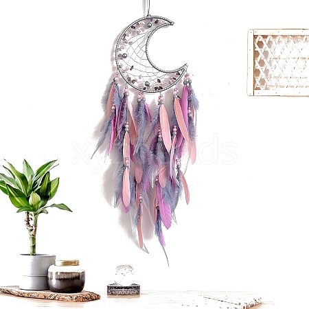 Crescent Moon Woven Net/Web with Feather Pendant Decoration PW-WGB79EB-02-1