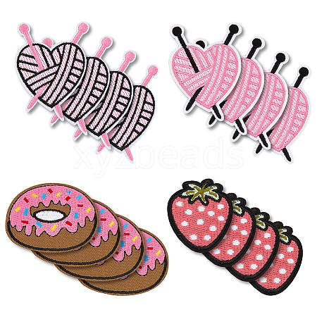 HOBBIESAY 16Pcs 4 Style Strawberry Donut Heart Nylon Computerized Embroidery Cloth Iron On Patches PATC-HY0001-36-1